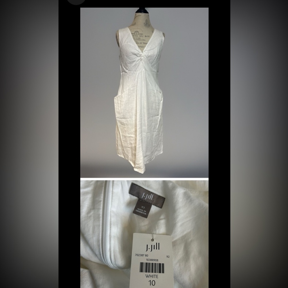 J. Jill knotted V-neck sleeveless white linen dress Pockets Size 10 NWT Summer